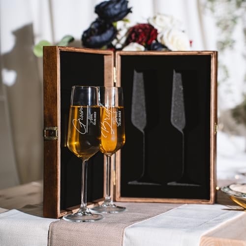 Personalized Champagne Flutes in Wooden Gift Box – Engraved Wedding Champagne Glass Set of 2, Custom Design & Name, Luxury Wedding Gift (Champagne Flutes-Box Set) - color: Champagne Flutes-Box Set