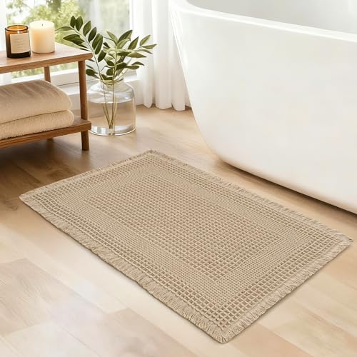 JIUZHEN Waffle Bath Mat Super Absorbent Bath Mat Non Slip Boho Bath Rugs for Bathroom Floor Machine Washable Quick Drying Bathroom Rugs with Tassels, 20" x 32", Loop-Brown - color: Loop-brown, size: 1'8" x 2'8" (Rectangular)