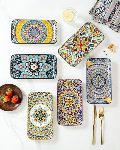 Boho Ceramic Rectangular Serving Plates Set of 6, 10 Inch Dinner Plates | Assorted Patterns, Ideal for Sushi, Salad, Appetizers, Bread & Side Dishes, Microwave & Dishwasher Safe - size: 10 Inch