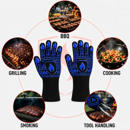 IGNISGUARD® BBQ Gloves, Heat Resistant Grill Gloves, 1 Pair, Blue (L) | EN407:2020 tested with textured silicone grip, three-layer construction and long knit cuff for added wrist coverage. - color: Blue, size: Large