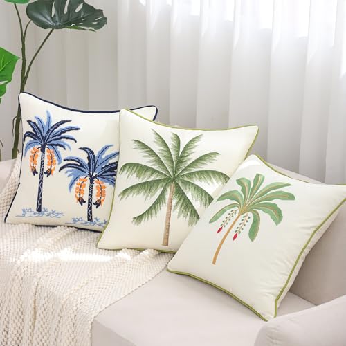Embroidered Throw Pillow Covers 18x18 Pack of 2 Sage Green Palm Tree | Ocean-Themed,Durable Fabric,Square Pillow Cover,Boho Decorative,Hidden Zipper,Aesthetic Design,Ideal Gift,Machine Washable - color: Sage Green Palm Tree