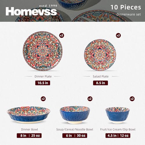 Boho 10 Pieces Dinnerware Sets, Plates and Bowls Set, Porcelain Dishes Set for 2, Microwave and Dishwasher Safe, Scratch Resistant, Bohemian Style Dining Ware, Blue - color: Blue