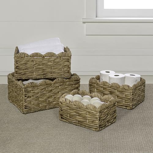 KSB2021A-4SET Anne Rustic Cottage Handwoven Water Hyancinth Scalloped Edge Nesting Storage Baskets, Seagrass Containers for Decoration in Living Room, Bedroom, Natural (Set of 4) - color: Natural