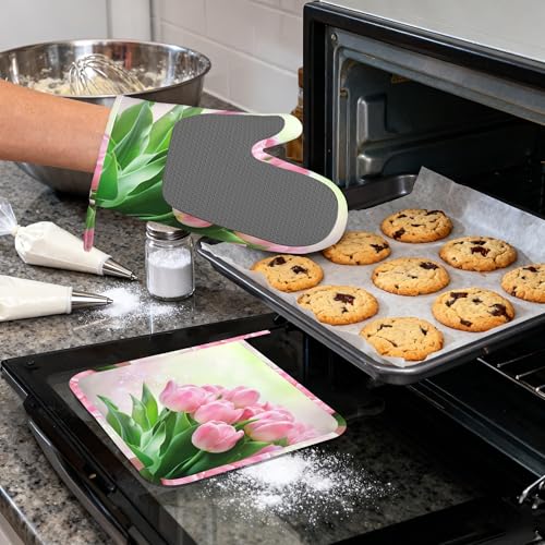 Pink Tulips Romantic Silicone Oven Mitts and Pot Holders,Heat-Resistant 4 Piece Kitchen Set Non-Slip Oven Gloves and Hot Pads for Cooking, Baking, Grilling,BBQ - color: Pink Tulips Romantic