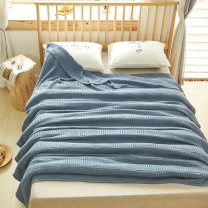 LGYKUMEG 100% Cotton Waffle Knit Blanket,Lightweight,Breathable and Soft, Waffle Weave Blanket for Summer Spring,Blue,180 x 200 cm / 71 x 79 inch - color: Blue, size: Twin 71x79 inch
