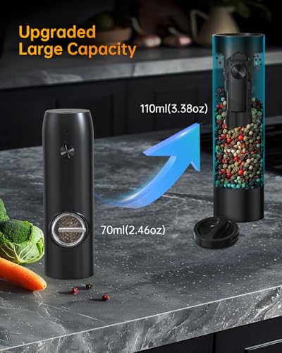 CIRCLE JOY Electric Rechargeable Salt and Pepper Grinder Set Top-Refill Automatic Pepper Mill Grinder with Charging Base, Adjustable Coarseness, Easy Filling Larger Capacity with Led for Home Kitchen - color: Black
