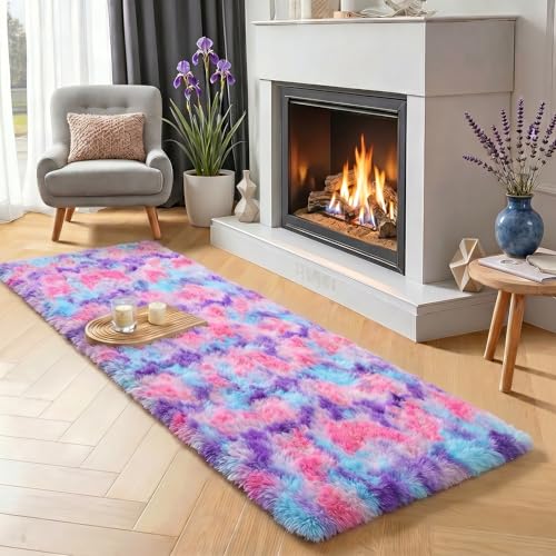Soft Runner Rugs for Hallway 2x6 Ft, Fluffy Colorful Pastel Princess Carpet | Tie-Dye Rainbow Purple Rugs for Girls Bedroom Teens Nursery, Long Bedside Rugs for Room Decor Aesthetic,Hot Pink Purple Decor - color: 2- Rainbow Hot Pink, size: 2' x 6' (Runner