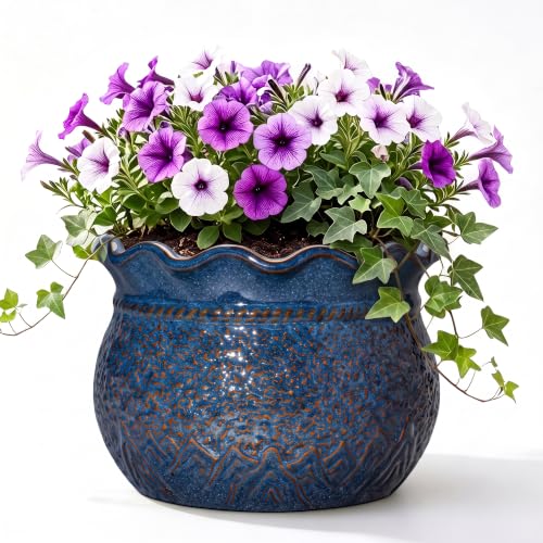 12 Inch Plant Pot, Ceramic Flower Pots Indoor, Retro Blue | Round Large Plant Pot with Drainage Hole, Decorative Unique Planter for Indoor Plants, Bathroom Decor, Gifts for Gardeners - color: Retro Blue, size: 12 Inch