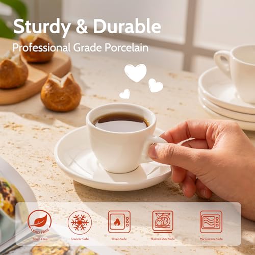Sweese 2 Ounce Espresso Cups with Saucers, Porcelain Espresso Cups Set of 6 - White - color: White, size: 2OZ