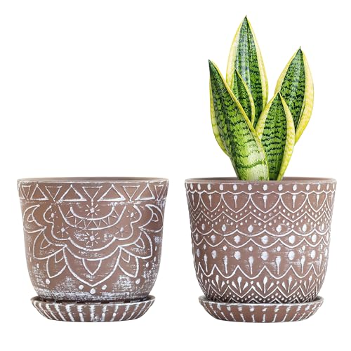 Gepege Ceramic Plant Pots, 6 Inch Indoor Planters with Drainage & Saucers | Ceramic pots for plants with drainage holes, ceramic saucers and mesh pads, ideal for flowers, herbs and succulents, set of 2 - color: Brown-c, size: 6 Inch - Set of 2