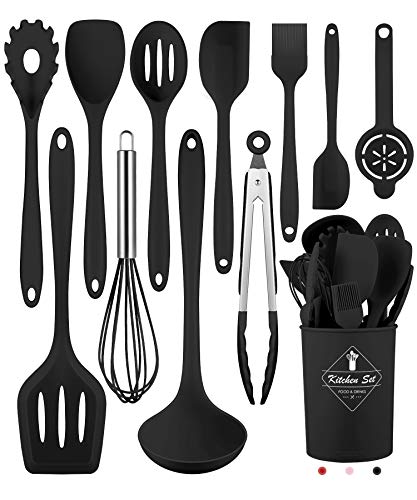 Black Kitchen Utensils Set-12 Pieces Silicone Cooking Utensils Set | Dishwasher Safe 392°F Heat Resistant Spatula Set Kitchen Utensil Set for Nonstick Cookware,Best Kitchen Tools with Holder - color: Black