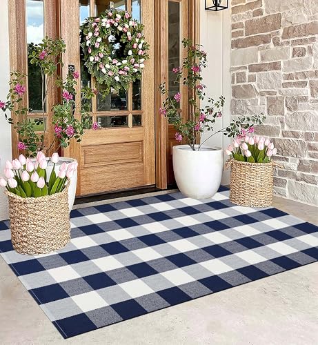 Blue White Outdoor Rug 3'x5' Washable Farmhouse Door Mat Front Porch Rug | Hand-Woven Cotton Layering Rug Buffalo Plaid Entryway Rug Combined With Hello/Welcome Mat - color: Blue Buffalo, size: 35.4'' x 59''