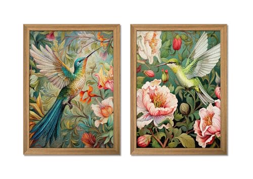 Framed 3D Textured Colorful Canvas Wall Art Set of 2 16x24 Inch | Hummingbird Aesthetic Paintings, Vintage Botanical Pictures Decor, Nature Flower Prints for Bedroom Living Room Hallway - color: Bird-wood, size: 24"L x 16"W