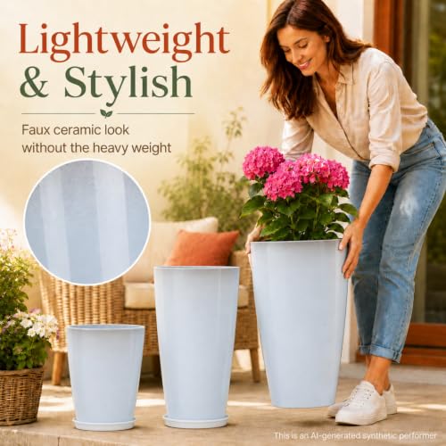 Neoaider Set of 3 Tall Planter, 24/21/12in Large Plastic Planter, WhiteJade | Ceramic-Look, Lightweight, Built-in Drain Hole, Saucers, Tall Outdoor Planter for Porch, Garden, Patio, Balcony - color: White Jade