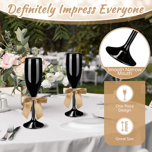 Zopeal Plastic Reusable Champagne Flute Glasses 6 oz and 50 Pcs Bow Set Acrylic Wedding Toasting Goblet 3.5" Bow Unbreakable Wine Cup for Bachelorette Bridal Shower Party(Black and Gold) - color: Black and Gold