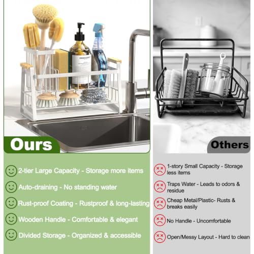 Housolution 2-Tier Sponge Holder for Kitchen Sink Caddy with Brush Holder | Auto-Draining, Suction Cups, Wooden Handle , Kitchen Sink Countertop Organization Storage, Dish Soap Holder, Rustproof, White - color: White