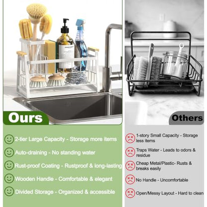 Housolution 2-Tier Sponge Holder for Kitchen Sink Caddy with Brush Holder | Auto-Draining, Suction Cups, Wooden Handle , Kitchen Sink Countertop Organization Storage, Dish Soap Holder, Rustproof, White - color: White