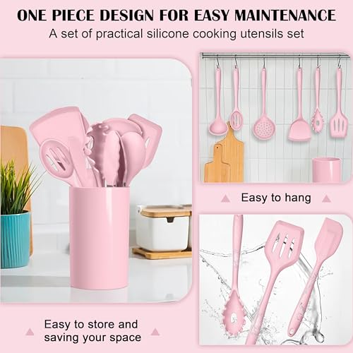 HaWare Kitchen Utensils, 14 PCS Silicone Cooking Utensils Set, Heat Resistant Kitchen Utensils for Non-stick Cookware, Kitchen Gadgets Tools with Spoons, Spatulas, Whisk, Dishwasher Safe (Pink) - color: Pink