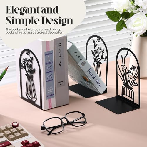 Feifeiya 6 Pairs Decorative Book Ends Metal Bookends for Shelves Black Metal Heavy Duty Book Ends Holder Supports Stoppers for Home Office School, 6.9x4.9x3.5”(Vase) - style: Vase