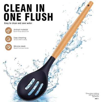 Silicone Cooking Utensils Set - AVGPD Silicone Kitchen Utensils for Cooking Wooden Handles, 446°F Heat Resistant Kitchen Utensil Spatula Sets, Gadgets for Non-Stick Cookware BPA FREE (Navy Blue) - color: Blue