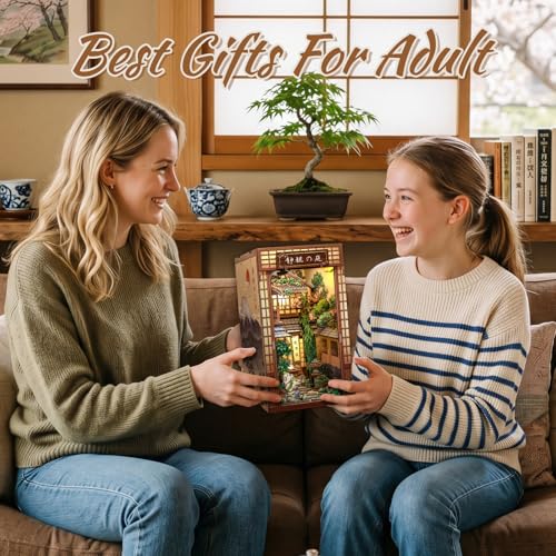 Japanese Book Nook Kit, Serene Courtyard | DIY Miniature House 3D Wooden Puzzles for Adults Japan Bookshelf Decor with LED Lights - style: Serene Courtyard