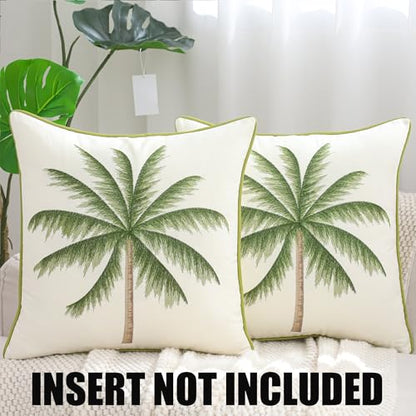 18x18 Palm Tree Embroidered Throw Pillow Covers Pack of 2 Green | Ocean-Themed,Durable Fabric,Square Pillow Cover,Boho Decorative,Hidden Zipper,Aesthetic Design,Ideal Gift,Machine Washable - color: Green Tropical Palm Tree