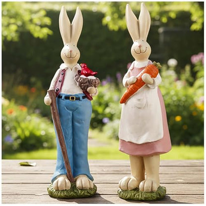 Easter Bunny Figurines Set of 2, Resin Rabbit Decor, 9.06 Inch | Resin Easter bunny decor with bird nest and carrot details for tables, shelves and spring gifts; a charming 2-piece set