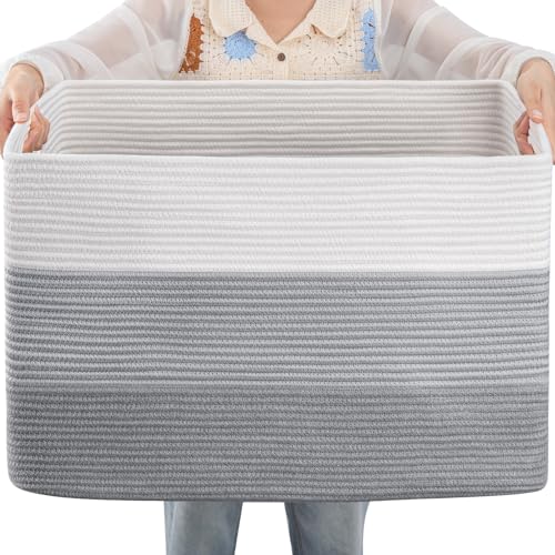 OIAHOMY Blanket Basket Laundry Basket Dog Toy Basket 108L Gradient Grey | Large Storage Basket,Baby Basket,Toy Storage,Woven Rope Basket for Blankets,Blanket Storage for Living Room - color: Gradient Grey, size: 25”x16”x16”