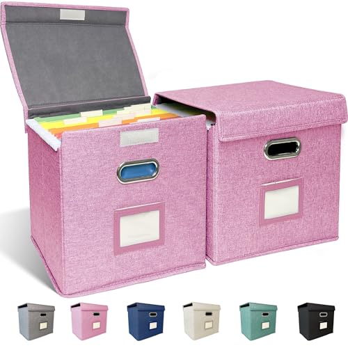 2 Pack Hanging File Folder Box with Lid, Durable Letter Size Filing Storage Box, Sturdy File Holder with Cardboard Support PVC Rails for Office Home Organizer, Pink - color: Pink