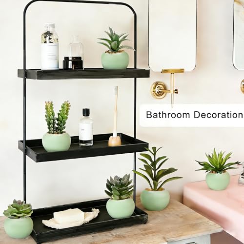 GREENTIME 6Pcs Artificial Succulents in Ceramic Pots Fake Potted Plants | Small Fake Succulents Zero Care for Bathroom Bedroom Desk Office Table Shelf Living Room Vanity Cabinet Windowsill - color: Green-light Green Round Pot