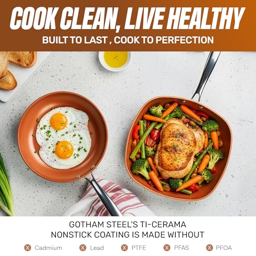 Gotham Steel 12 Pc Ceramic Cookware Set Nonstick, Ceramic Pots and Pans Set Non Stick with Steamer for Cooking, Non Toxic PFOA PFOS Free, Ergonomic Stay Cool Handles, Oven & Dishwasher Safe, Copper | Non Toxic PFOA/PFOS/PTFE Free Ceramic & Titanium Coatin