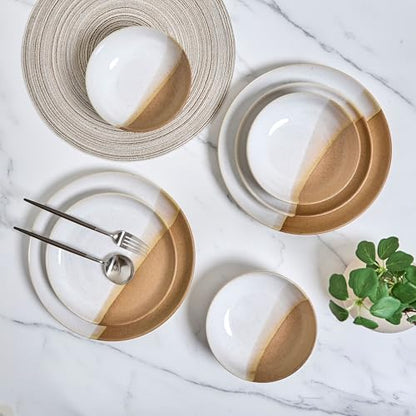 Sango 12 Pieces Stoneware Dinnerware Set, Glossy Caramel & Cream Dishes for 4, Premium Plates and Bowls Sets, Chip & Scratch Resistant, Ceramic Kitchen Dish Set, Microwave & Dishwasher Safe, Phoebe - color: Caramel, size: 12-Piece Set