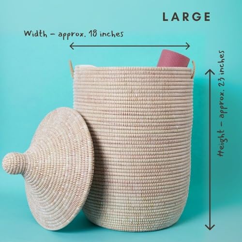 Large African Basket for Blankets, White, 18 Inch Wide, 23 Inch Tall - color: White