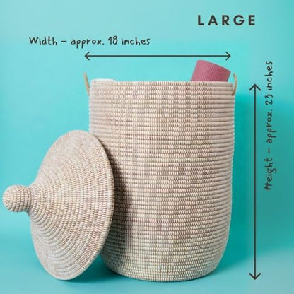 Large African Basket for Blankets, White, 18 Inch Wide, 23 Inch Tall - color: White