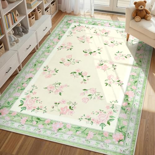 LIVEBOX Machine Washable Rug 5 x 7 Green Rugs for Living Room, Non Slip Vintsge Boho Bedroom Rug, Low-Pile Print Distressed Floral Carpet for Bedroom Home Office, Dining Room - color: Light Green, size: 5' x 7' (Rectangular)