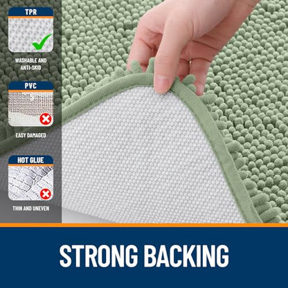 OLANLY Chenille Bath Mat and Bathroom Rugs Sets 2 Piece, Bath Mat Size 36x24 and Bathroom Rugs Sets Size 30x20+24x16 in Sage Green, 3 Item Bundle