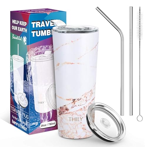 THILY Stainless Steel Vacuum Insulated Tumbler Travel Mug 26 oz Coffee Cup with 2 Lids and Straws, Splash Proof, Keep Ice Drinks Cold, Gold Marble - color: Gold Marble, size: 26 Ounce (Pack of 1)