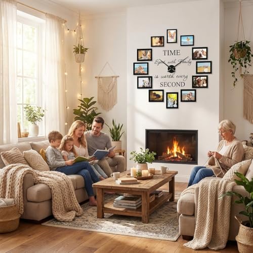 Family Picture Frames Collage Wall Decor - 4x6 Collage Picture Frames Photo Frame for Wall Picture Frame DIY Black Large Clocks for Living Room Decor