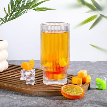 4 Pcs 15 Oz Glass Cups With Bamboo Lid And Straw, Clear Vintage Ribbed Drinking Glass Tumbler, Iced Coffee Cups For Juice, Cocktail, Beer, and Water