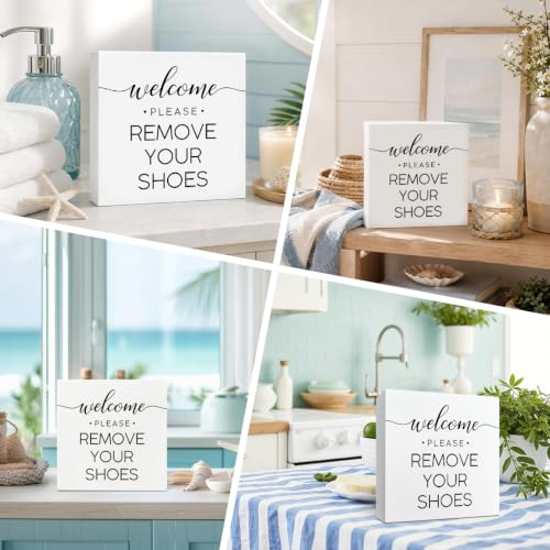 Welcome Remove Shoes Wood Box Sign, Minimalist "Please Remove Your Shoes" Decor Signs, Simple Black & White Block Sign For Beach House Entryway, Practical Summer Home Decor Gift, 4.9x4.9 Inch