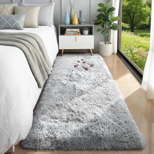 Grey Runner Rugs for Hallway 2x6 Ft, Long Bedside Rugs Bedroom Kids | Super Soft Fluffy Rugs Home Decor Aesthetic, Plush Shag Carpet for Bedroom Boys, Kids Room, Nook, Teen Dorm Nursery Non-Slip - color: Light Grey, size: 2' x 6' (Runner)