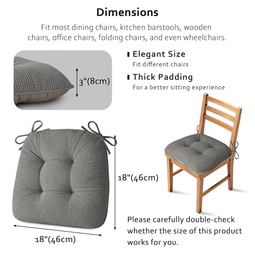 ELFJOY Dining Chair Cushions Set of 2 Non Slip 18"X18"X3" Light Grey | Thick,Textured Fabric, with Ties, Tufted, Large, for Kitchen, Dining Room, Indoor, Bedroom, Living Room, Office, Comfortable - color: Light Grey