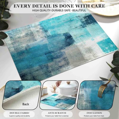Mcalk Farmhouse Turquoise Table Runner and Placemats Set of 6 Pieces,Teal Turquoise Placemats Modern Art,Blue Grey Abstract Art Cloth Place Mats for Kitchen,Linen Material for Dining Table - color: 01turquoise