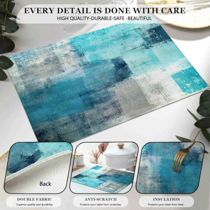 Mcalk Farmhouse Turquoise Table Runner and Placemats Set of 6 Pieces,Teal Turquoise Placemats Modern Art,Blue Grey Abstract Art Cloth Place Mats for Kitchen,Linen Material for Dining Table - color: 01turquoise