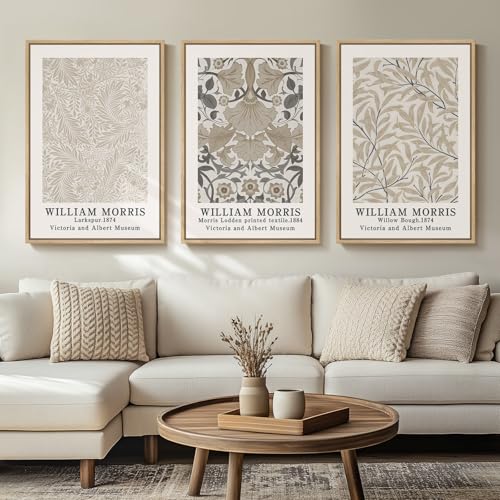 Framed William Morris Vintage Wall Art Set of 3, Large Neutral Botanical Floral Canvas Prints, Nature Rustic Boho Artwork for Living Room, Bedroom, Hallway or Office, 24x36 Inch - color: Vintage, size: 24"W x 36" H x 3Pcs