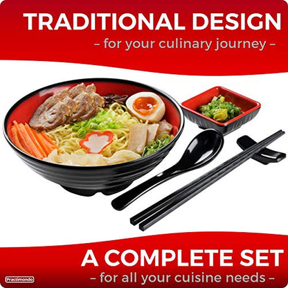 Unbreakable Ramen Bowl Set with Chopsticks and Spoon: 2 large Japanese Style Melamine Ramen Bowls, Dipping Bowls and Chopstick Stands for Asian Pho Soup Thai Miso Udon Wonton (2 Bowl Set, Red-Black) - color: Red & Black, size: 2 Bowl Set