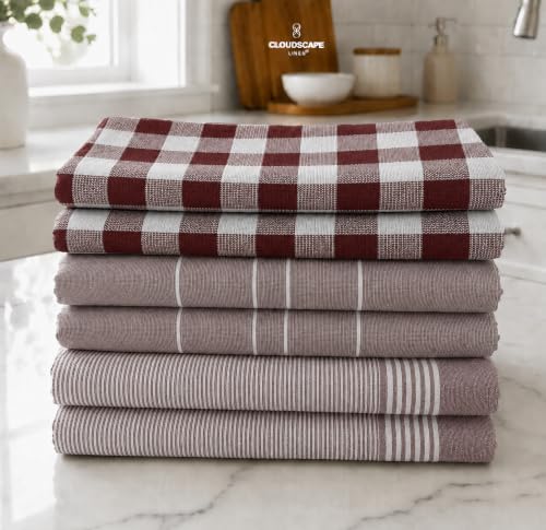 CSL Premium Kitchen Towels Set of 6,Highly Absorbent,Quick Dry,18x28, Rust | Premium Sturdy Weave, Great for Wrapping Bread or Dough, Hanging loop, Holds up Wash after Wash, Farmhouse Print - color: Rust - Waffle, size: 6 Pack