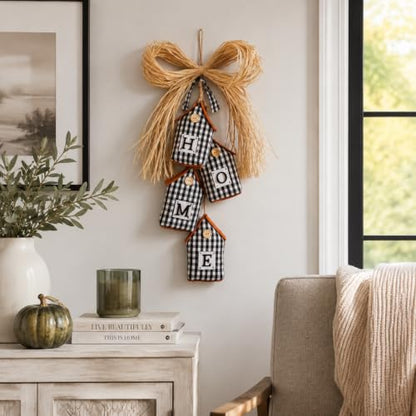 Novabright Fabric Home Sign Farmhouse Home Signs 3D Buffalo Plaid Rustic Wall Decor Black and White Checkered Wall Art with Raffia Bow for Bedroom Kitchen Bathroom Living Room Window Coffee Shop