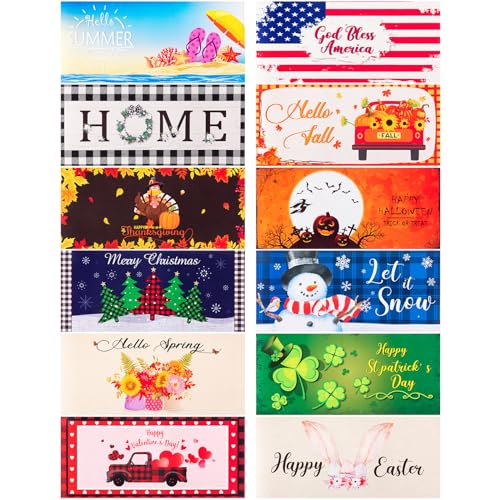 Timgle 12 Pcs Seasonal Door Mat Inserts Interchangeable, 22x10 Inch | Holiday Themes for Halloween Christmas Easter, Replaceable Cards for Doormat Frames, Festive Front Entrance Decoration