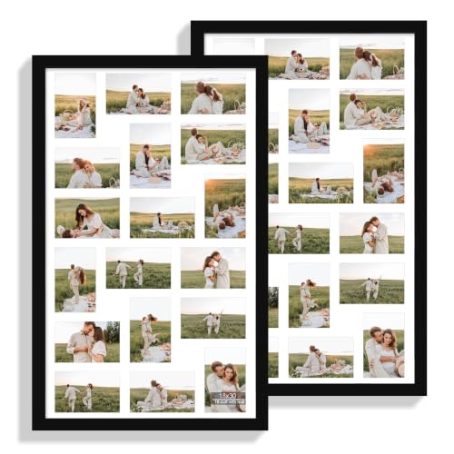 Hongkee 18x30 Collage Frame 2 Pack, Fits18 4x6 with Mat - Real Glass Cover | Black Wooden, 18 x 30 Collage Picture Frame - Horizontal or Vertical Wall Mounting, fits Photos, Posters and Art - color: Black, size: 18x30 in matted to 18-4x6